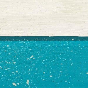 May include: Abstract painting with a white top half and a teal bottom half. The teal section has white splatter paint.