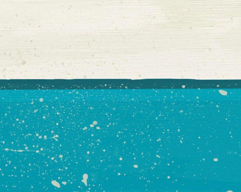 May include: Abstract painting with a white top half and a teal bottom half. The teal section has white splatter paint.