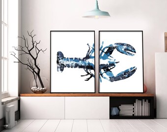 Set van 2 prints, marineblauw kunst, kreeft print, grote kunst aan de muur, grote prints, afdrukbare abstracte kunst, blauw en wit, a2 print nautische print