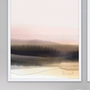 May include: A framed abstract landscape painting with a pink, brown, and black color scheme. The painting features a hazy, atmospheric landscape with a line of trees in the distance. The artist's signature, "Daniel H", is visible in the bottom right corner.