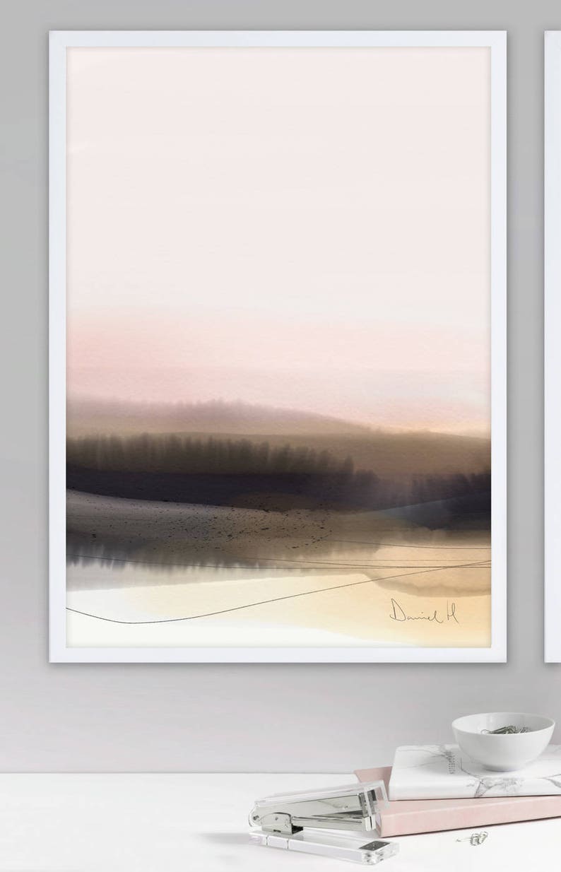 May include: A framed abstract landscape painting with a pink, brown, and black color scheme. The painting features a hazy, atmospheric landscape with a line of trees in the distance. The artist's signature, "Daniel H", is visible in the bottom right corner.