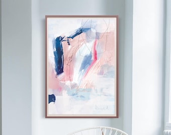 May include: Abstract painting in a wooden frame with pink, blue, and white brushstrokes. The painting has a modern and minimalist style.