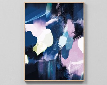 May include: Abstract art print featuring a blue background with colourful brushstrokes in shades of pink, blue, green and white.