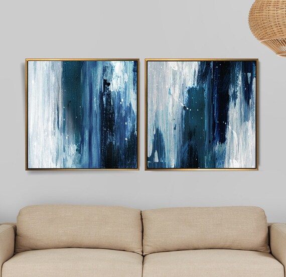 Blue Abstract Wall Art Modern Digital Print Set of 2 Wall Hangings Wall