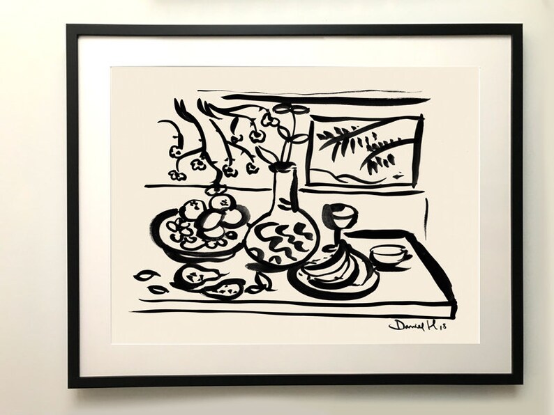 Still Life Ink Vintage Still Life Ink Painting: Minimalist Black and White Art ...