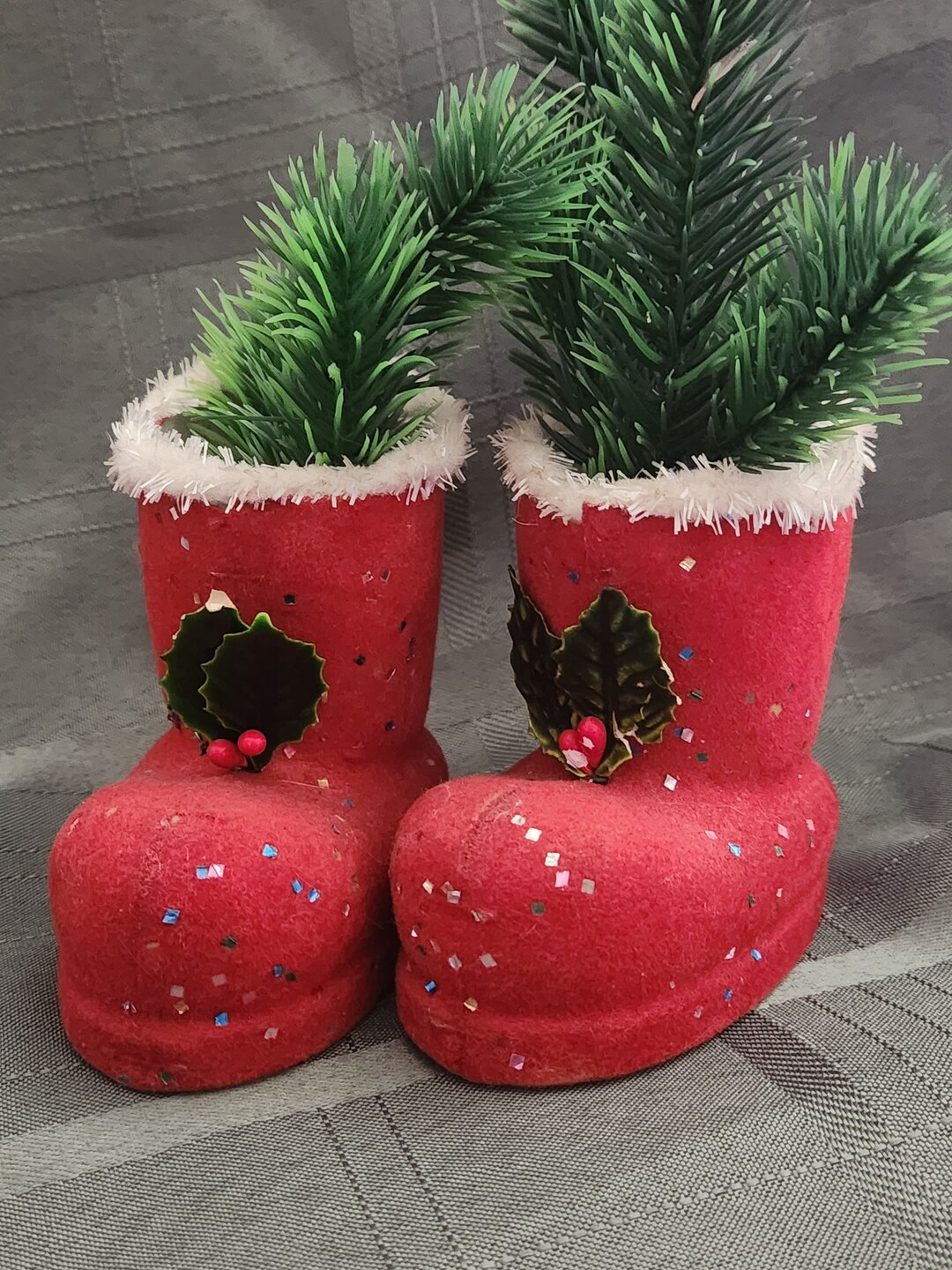 Vintage Red Flocked Santa Boots Decor - Etsy