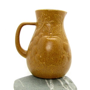 Vintage West German pottery wine or cordial jug - fruit relief decoration pre 1990 salt glaze golden beige ceramic jug pitcher drinkware