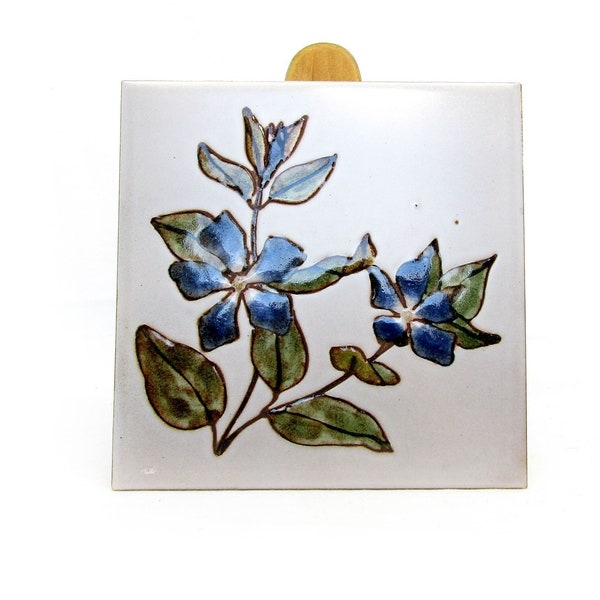 Vintage tile - Periwinkle Vinca floral Isles of Scilly pottery blue flower glazed hand made by HW on Johnson Cristal porcelain tile stamped