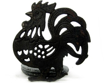 Vintage trivet pot stand - Cockerel / rooster motif cast iron black - bird shape metal trivet - houseplant pot plant stand - kitchen ware