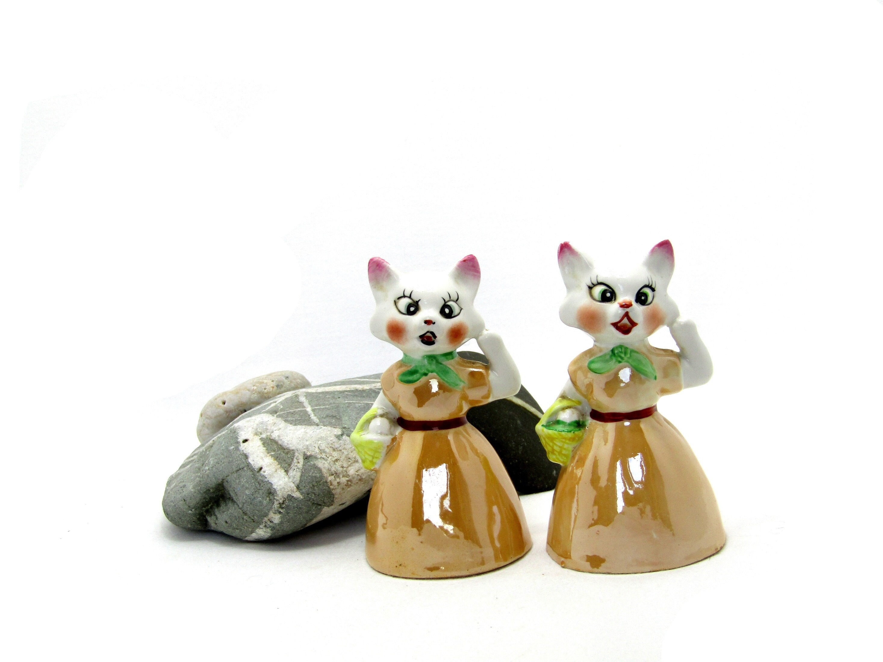 2 x Chinese porcelain cat dinner bell - iridescent lustre ware ceramic 1960s kitsch carnival pottery cats in orange dresses working bell set