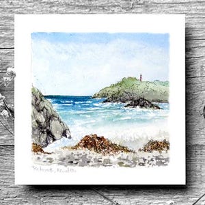 Menabilly & Gribbin - Cornish unieke vierkante wenskaart - afdruk van originele kunst made in Cornwall - witte blanco envelop 13,5 cm/5,3 inch