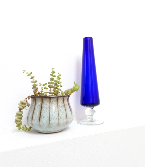 Scandinavian Cobalt Blue Glass Bud Vase On Clear Foot Etsy