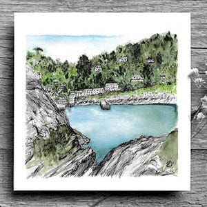 Port pirate de Polperro - Carte de voeux carrée unique en Cornouailles imprimée à partir d'oeuvres d'art originales fabriquées en Cornouailles - enveloppe vierge blanche de 13,5 cm/5,3 pouces