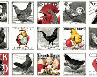 100/% Cotton Poplin Fabric Rose /& Hubble Spotted Hens Chicken Farm Animals