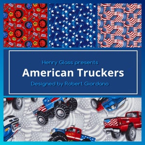 Monster Trucks, American Flags, Stars on Blue with Spare Parts from AMERICAN TRUCKERS by Henry Glass; 100% Woven Cotton
