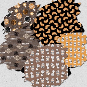 May include: A selection of coffee-themed patterns. One shows coffee cups with latte art, another has croissants on black, and others display coffee cups and text. The color scheme includes browns, tans, and black.