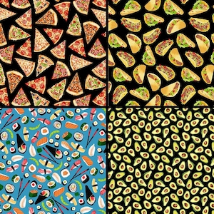 May include: A digital collage of four different food patterns. The top left pattern is pizza slices on a black background. The top right pattern is tacos on a black background. The bottom left pattern is sushi and chopsticks on a blue background. The bottom right pattern is avocado halves on a black background.