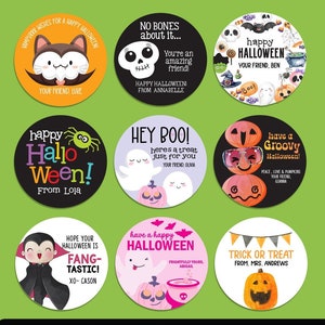 May include: Ten round Halloween stickers with various spooky designs and personalized messages.  The stickers feature a variety of characters including a vampire, a ghost, a skull, a pumpkin, and a spider.  The text on the stickers includes phrases like "Happy Halloween", "Have a Groovy Halloween", and "Trick or Treat".