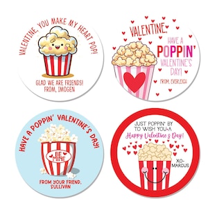 Adesivo personalizzato per San Valentino con popcorn, nome personalizzato, Adesivi per sacchetti di San Valentino per la scuola dei bambini, "Hai un San Valentino poppin".