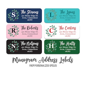 60 Monogram Christmas Address Labels | Personalized Christmas Return Labels | Holiday Wreath Mailing Stickers | Winter Address Stickers