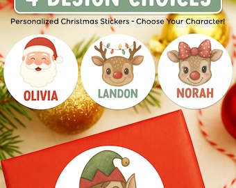 Personalized Christmas Gift Stickers  for kids – Cute Santa, Elf & Reindeer Labels – Custom Holiday Name Tags – 12 Round Matte Stickers