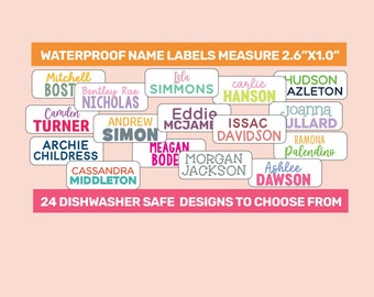May include: 24 colorful waterproof name labels, each measuring 2.6 inches by 1 inch. The labels feature a variety of names, including Mitchell, Isla, carlie, Hudson, Bentley Rae, Nicholas, Eddie, Joanna, Turner, Andrew, McJami, Issac, Ullard, Archie, Childress, Cassandra, Middleton, Meagan, Bode, Morgan, Jackson, Ashlee, and Dawson. The labels are dishwasher safe.