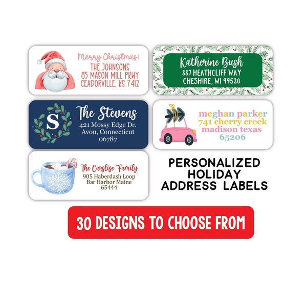 Christmas Return Address Labels, Holiday Return Address Labels, Personalized Address Label, Santa, Snowman, Vintage, 30 Custom Return Labels
