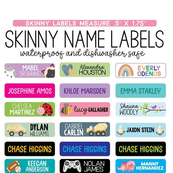Kids Name Stickers Labels, Daycare Name Labels, Preschool Name Labels, Skinny Name Labels, Waterproof Labels, Labels for School Supplies
