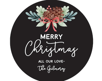 Christmas Gift Stickers, Christmas Labels, Holiday Gift Tags, Chalkboard Pinecone Bough, Personalized Christmas Stickers, Round Gift Tags