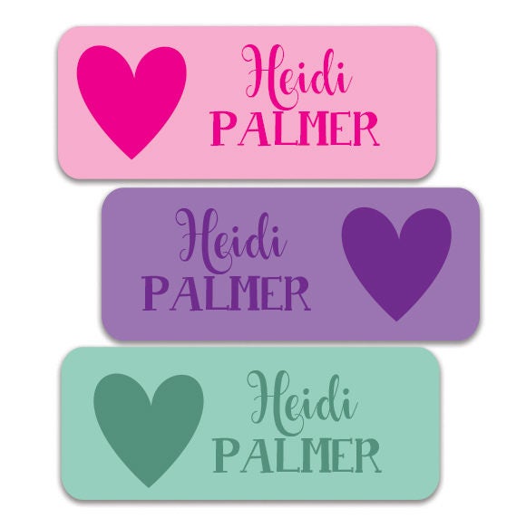 Personalized Waterproof Name Labels, Heart stickers, Girl Daycare School Labels, Pink, Mint, Purple