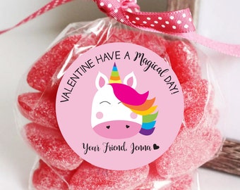 May include: Pink circle sticker with a unicorn illustration and the text "Valentine Have a Magical Day!" and "Your Friend, Jenna".