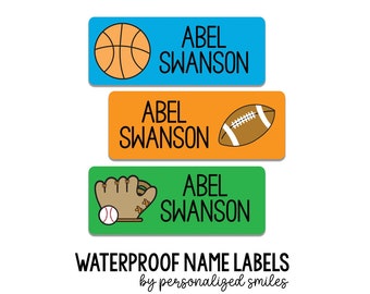 Boy Daycare Dishwasher Safe Sports Name Stickers | 30 Personalized Daycare Labels | Basketball, Football, Baseball |Waterproof Labels