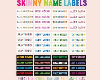Skinny Waterproof Name Stickers, Personalized Daycare Labels, School Supply Stickers, Name Labels for Kids, Colorful Name Stickers