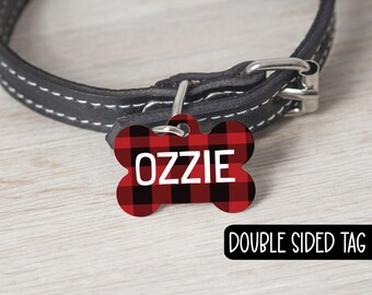 Black and Red Plaid Custom Dog Tag | Personalized Double Sided Pet ID Tag | Winter Dog Tag | Tartan Style Dog Tag | Cute Dog Tag for Collars
