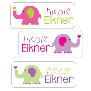 Elephant Waterproof Stickers, Girl Name Labels for School, Personalized Stickers for daycare, school and camp.  Dishwasher Safe