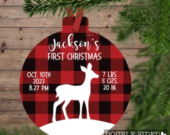 Personalized Baby&#39;s First Christmas Ornament 2023, Woodland Animals Double Sided Ornament, Custom Baby Ornament, Birth Announcement Deer