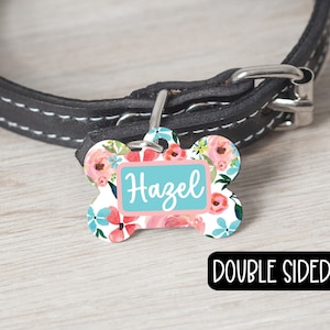 Floral Dog Tag,  Personalized Dog Tag, Double Sided Pet ID Dog Tag, Watercolor Dog Tag for Collar, Girls Pet ID Tag, Pretty Dog Tag