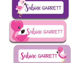 30 Personalized Waterproof Name Labels | Stickers for School Supplies, Daycare | Dishwasher Safe | Flamingo Design