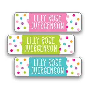 Mini Name Labels, Waterproof Personalized Skinny Stickers, Polka Dot Name Labels for Kids, School Supply Labels
