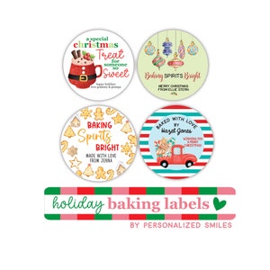 May include: Four round holiday baking labels with festive designs. The first label features a red Santa hat with a cup of hot chocolate and the text "a special christmas Treat for someone so Sweet". The second label has a green background with colorful ornaments and the text "Baking Spirits Bright Merry Christmas from Ellie Stern". The third label has a white background with gingerbread cookies and the text "Baking Spirits Bright Made with love from Jenna". The fourth label has a red and white striped background with a red truck carrying Christmas treats and the text "Baked with love by Hazel Jones Wishing you a Merry Christmas!"