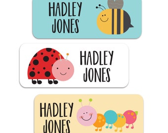 School Supply Name Labels, 30 waterproof stickers for school, daycare and camp | cute bug design | bee. ladybug and caterpillar