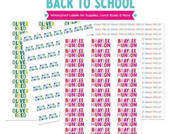Étiquettes scolaires personnalisées, imperméables et lavables au lave-vaisselle | Idéales pour les garderies, les camps ou les fournitures scolaires | 48 modèles, 3 tailles