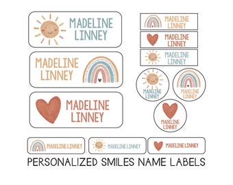 Name Labels Variety Pack | Rainbow Hearts Name Labels | Skinny Labels, Iron on Labels, Waterproof Decals for School, Daycare and Camp