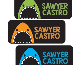 Boy Name Labels, Neon Sharks, Waterproof Stickers for School, Camp, Daycare, Baby Bottles, School Supply Stickers