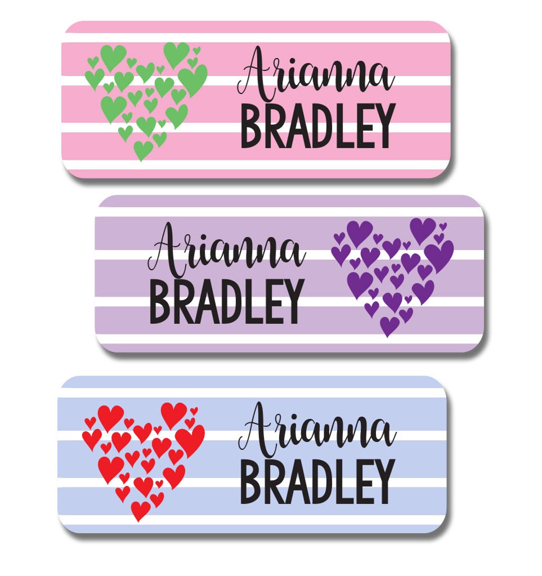 Personalised Kids Name Labels Hearts Stickers Stick on School Tags  Waterproof 