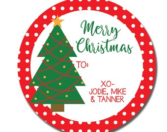 Custom Holiday Gift Tags for Presents and Baked Goods - 12 Round Christmas Stickers Personalized with Name - Merry Christmas Festive Labels