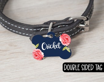 Pet ID Tag, Double Sided Dog Tag for Dog, ID Tag Floral, Custom Pet Tag, French Floral Dog Tag, Personalized Floral Pet Tag