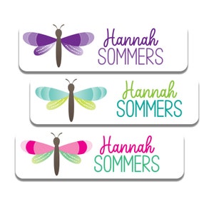 Custom School Name Labels, Daycare Stickers, Personalized Waterproof Dragonfly Labels, Skinny Name Labels for Kids, Baby Bottle Labels