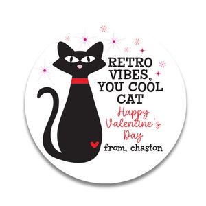 Retro Valentine Stickers, Kitty Valentine Day Labels, Automatic Retro Cat, Kids Valentine Day Treat Bag Stickers