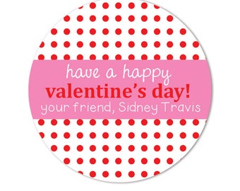 Polka Dot Valentine Day Stickers, Kids Personalized Valentine Stickers, Classroom School Valentine, Red polka dot heart stickers